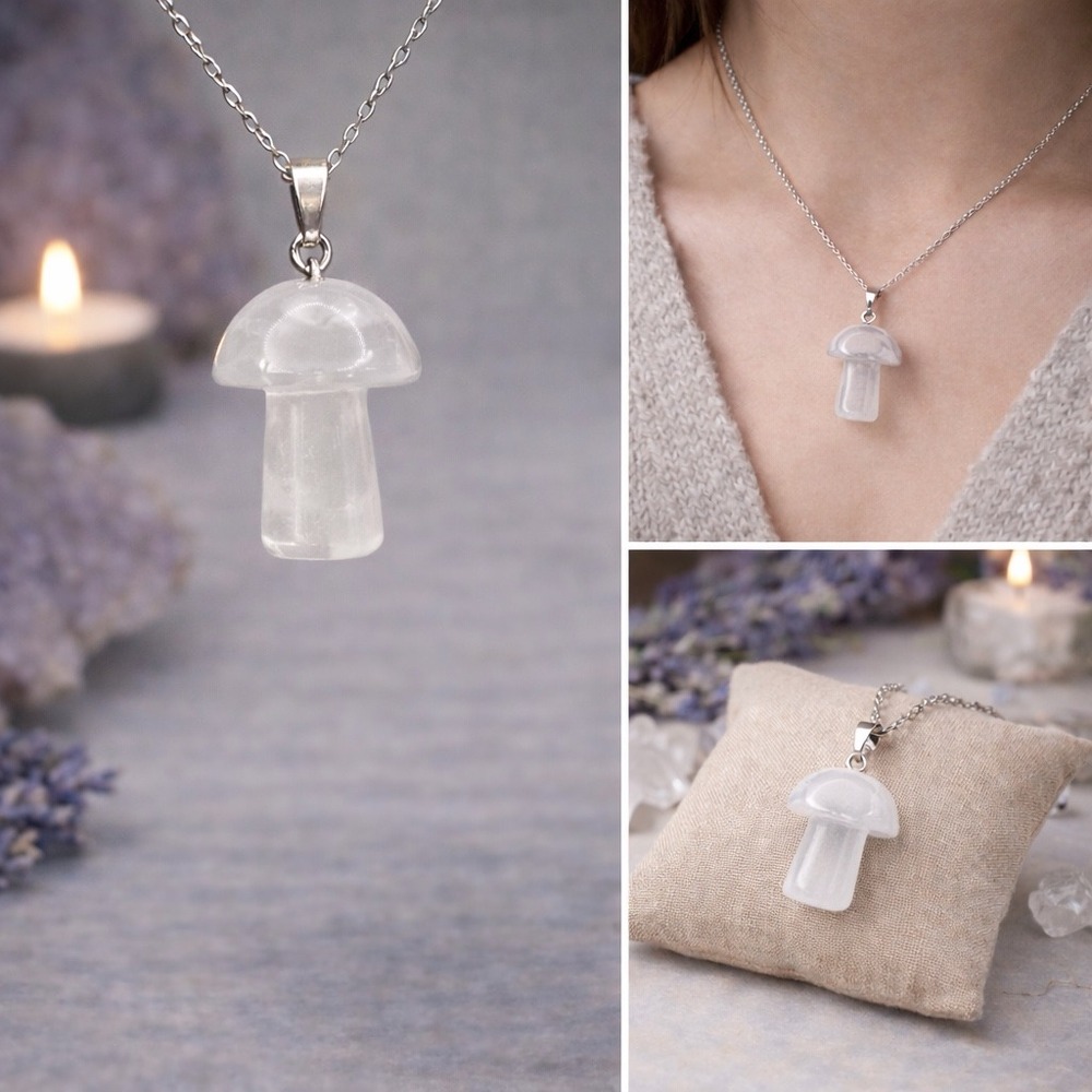 Clear Quartz Mushroom Pendant Necklace Boho Witchy Crystal Jewelry